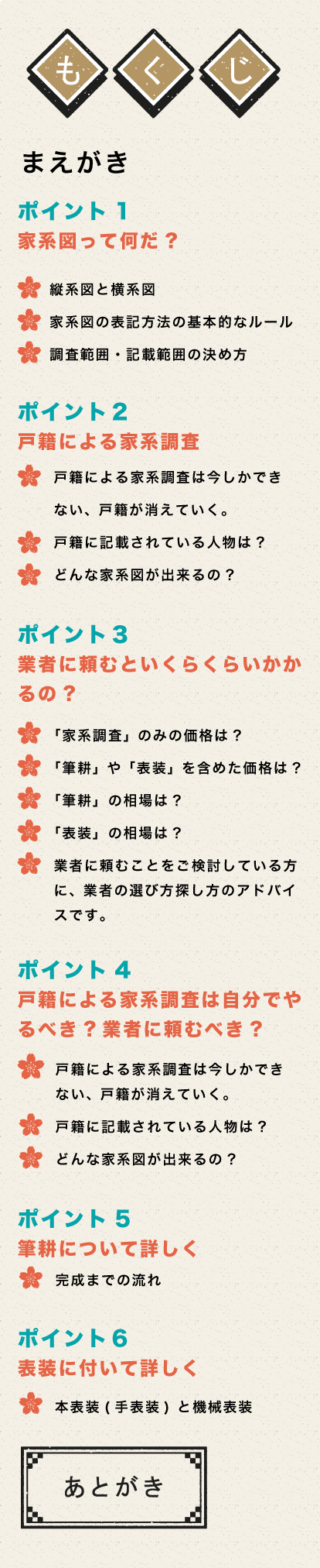 もくじ。まえがき。ポイント1 家系図って何だ?縦系図と横系図。家系図の表記方法の基本的なルール。調査範囲・記載範囲の決め方。ポイント２ 戸籍による家系調査。戸籍による家系調査は今しかできない、戸籍が消えていく。戸籍に記載されている人物は?どんな家系図が出来るの?ポイント３ 業者に頼むといくらくらいかかるの。「家系調査」 のみの価格は?「筆耕」 や 「表装」 を含めた価格は?「筆耕」の相場は?「表装」の相場は?業者に頼むことをご検討している方に、 業者の選び方。探し方のアドバイスです。ポイント4 戸籍による家系調査は自分でやるべき? 業者に頼むべき?戸籍による家系調査は今しかできない、 戸籍が消えていく。戸籍に記載されている人物は?どんな家系図が出来るの?ポイント5 筆耕について詳しく。完成までの流れ。ポイント６ 表装に付いて詳しく。本表装(手表装) と機械表装。あとがき。