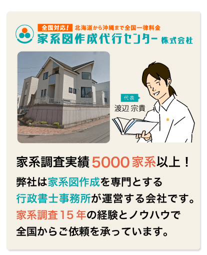 家系図作成代行センター　弊社は家系図作成を専門とする行政書士事務所が運営する会社です。家系調査15年の経験とノウハウで全国からご依頼を承っています。家系調査実績5000家系以上！