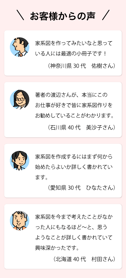 お客様からの声　（北海道40代　村田さん）家系図を今まで考えたことがなかった人にもなるほど～と、思うようなことが詳しく書かれていて興味深かったです。（愛知県30代　ひなたさん）家系図を作成するにはまず何から始めたらよいか詳しく書かれています。（石川県40代　美沙子さん）著者の渡辺さんが、本当にこのお仕事が好きで皆に家系図作りをお勧めしていることがわかります。（神奈川県30代　佑樹さん）家系図を作ってみたいなと思っている人には最適の小冊子です！