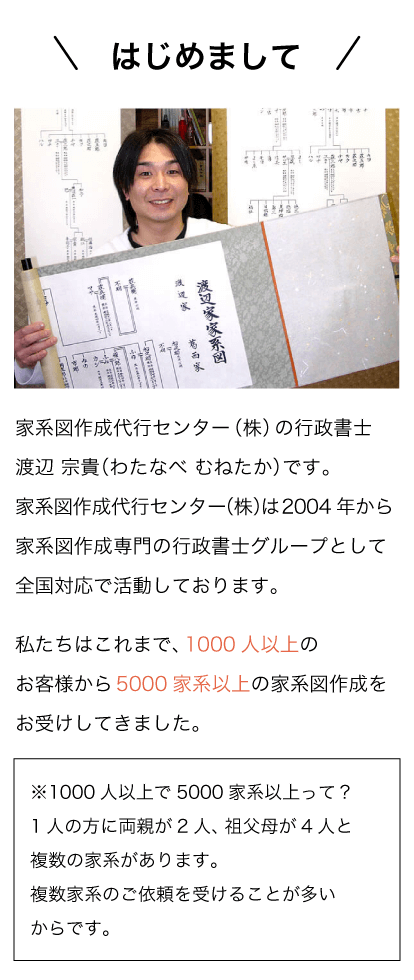 代表渡辺 宗貴渡辺 宗貴※1000人以上で5000家系以上って？1人の方に両親が2人、祖父母が4人と複数の家系があります。複数家系のご依頼を受けることが多いからです。家系図作成代行センター（株）の行政書士渡辺 宗貴（わたなべ むねたか）です。家系図作成代行センター（株）は2004年から家系図作成専門の行政書士グループとして全国対応で活動しております。私たちはこれまで、1000人以上のお客様から5000家系以上の家系図作成をお受けしてきました。はじめまして