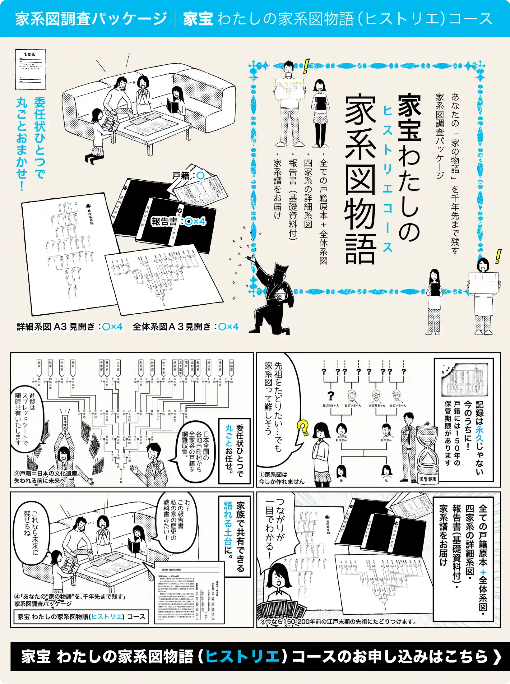 家宝わたしの家系図（ヒストリエ）物語コース　あなたの「家の物語」を千年先まで残す家系図調査パッケージ