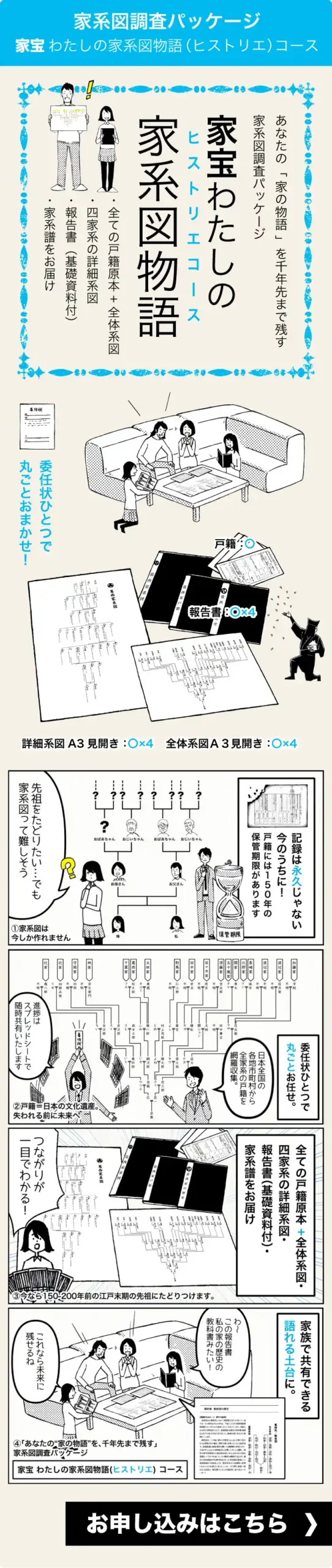家宝わたしの家系図（ヒストリエ）物語コース　あなたの「家の物語」を千年先まで残す家系図調査パッケージ